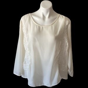 Donna Moore White Scoop Neck Sheer Lace Trim Peasant Blouse Plus Size